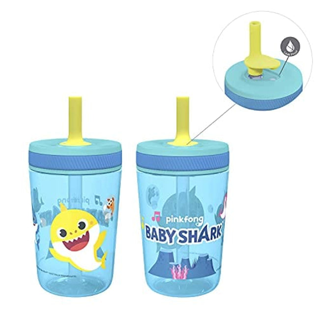 Zak Designs 15oz Baby Shark Kelso Tumbler Set, BPA-Free Leak-Proof Screw-On Lid with Straw Made of Durable Plastic and Silicone, Perfect Bundle for Kids (2pcs Set)