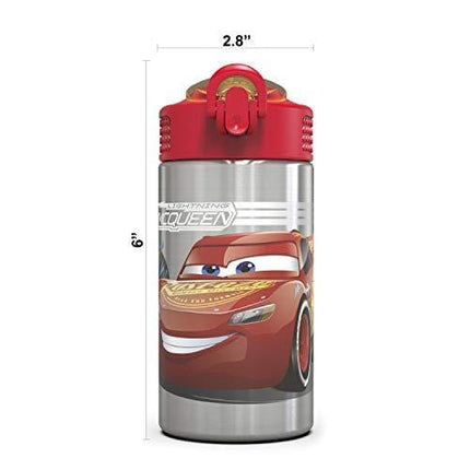 Zak Designs Disney Cars 3 - Stainless Steel Water Bottle with One Hand Operation Action Lid and Built-in Carrying Loop, Kids Water Bottle with Straw Spout is Perfect for Kids (15.5 oz, 18/8, BPA-Free)