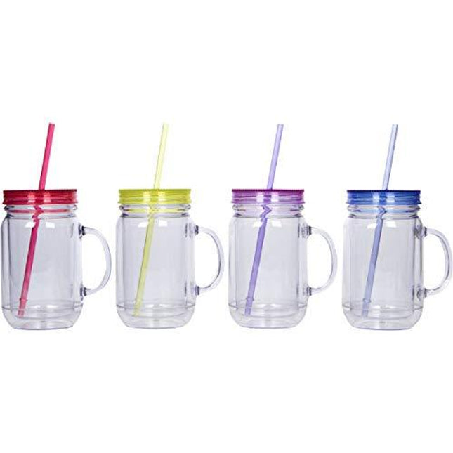 Zephyr Goods Plastic Mason Jars with Handles, Lids and Straws | 20 oz Double Insulated Tumbler with Straw | Set of 4 | Wide Mouth Mason Jar Mugs | Cups for Kids and Adults