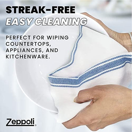 Zeppoli Classic Kitchen Towels 15-Pack - 100% Natural Cotton Kitchen Dish Towels-Reusable Cleaning Cloths - Blue Dish Towels for Kitchen - Super Absorbent - Machine Washable Hand Towels - 14” x 25”