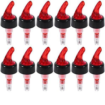 Measure Liquor Pourer, Plastic Measured Liquor Pourer 1 OZ Auto Measuring Shot Chamber Pourer Pour Spout Stopper for Liquor Wine (Red, pack of 12)