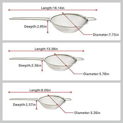 Zesproka ZP129 Set of 3 Stainless Steel Fine Mesh Strainers for Kitchen, 3.26", 5.78", 7.75", Silver