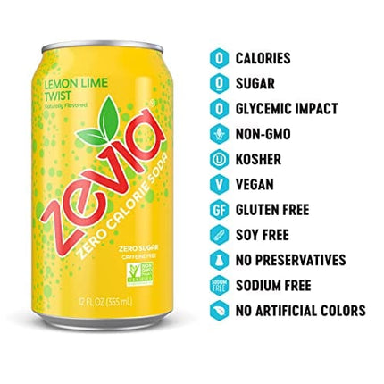 Zevia Zero Calorie Soda, Lemon Lime Twist, 12 Ounce Cans (Pack of 24)