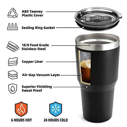 Zibtes 30oz Insulated Tumbler With Lids and Straws, Stainless Steel Double Vacuum Coffee Tumbler Cup, Powder Coated Travel Mug for Home, Office, Travel, Party (Black 1 pack)