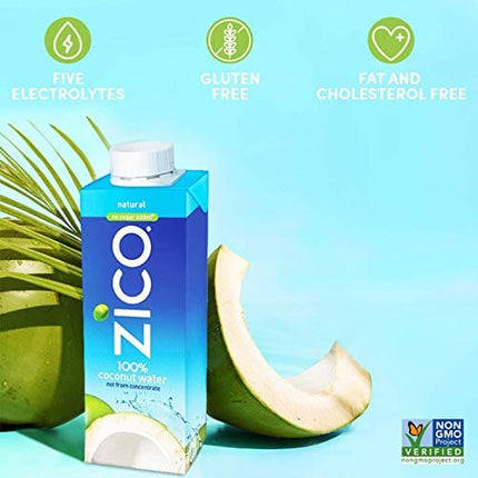 ZICO 100% Coconut Water Drink - 18 Pack, Natural Flavored - No Sugar Added, Gluten-Free - 330ml / 11.2 Fl Oz - Supports Hydration with Five Naturally Occurring Electrolytes - Not from Concentrate,11.2 Fl Oz (Pack of 18)