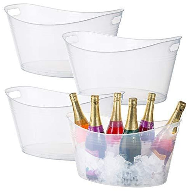 Zilpoo 4 Pack - Large Plastic Oval Storage Tub, 18 Liter Wine, Beer Bottle Drink Cooler, Parties Ice Bucket, Party Beverage Chiller Bin, Baskets, Clear