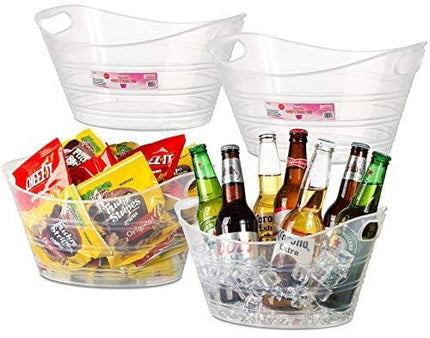 Zilpoo 4 Pack - Plastic Oval Storage Tub, 4.5 Liter Wine, Beer Bottle Drink Cooler, Parties Ice Bucket, Party Beverage Chiller Bin, Baskets, Clear