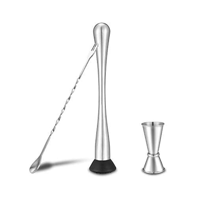 Stainless Steel Muddler For Cocktails,Mixing Spoon and Measuring Jigger,Professional Bar Tools,10-inch Bar Muddler For Making Mojitos,Margaritas and Other Fruit Based Drinks.